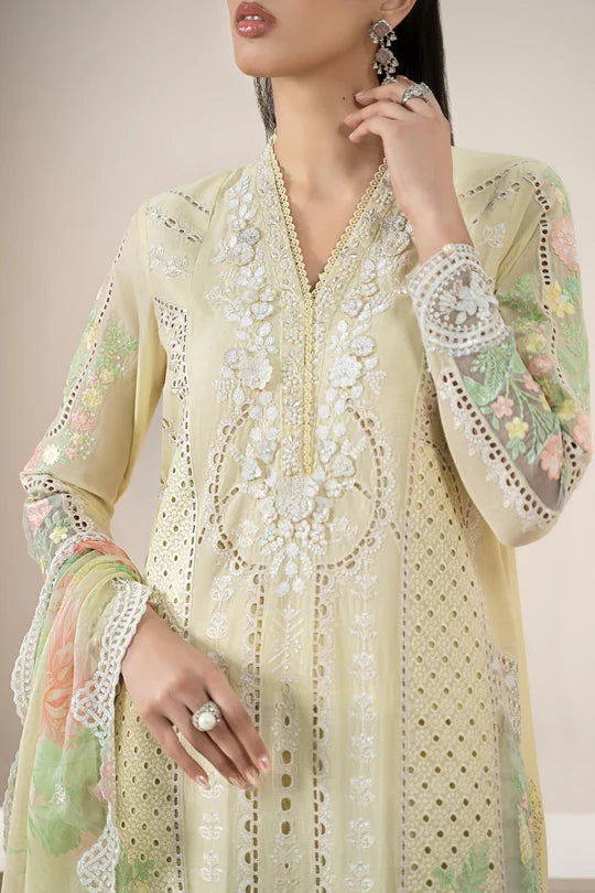 Light green embroidered dress with floral patterns on a neutral background