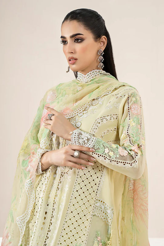 Woman wearing a light green embroidered traditional outfit with a plain background