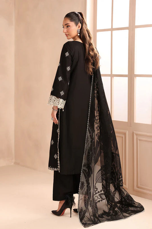 Woman wearing a black traditional outfit with a sheer dupatta in a well-lit room.