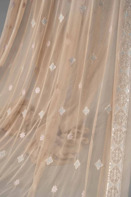 Sheer fabric with floral embroidery and lace trim